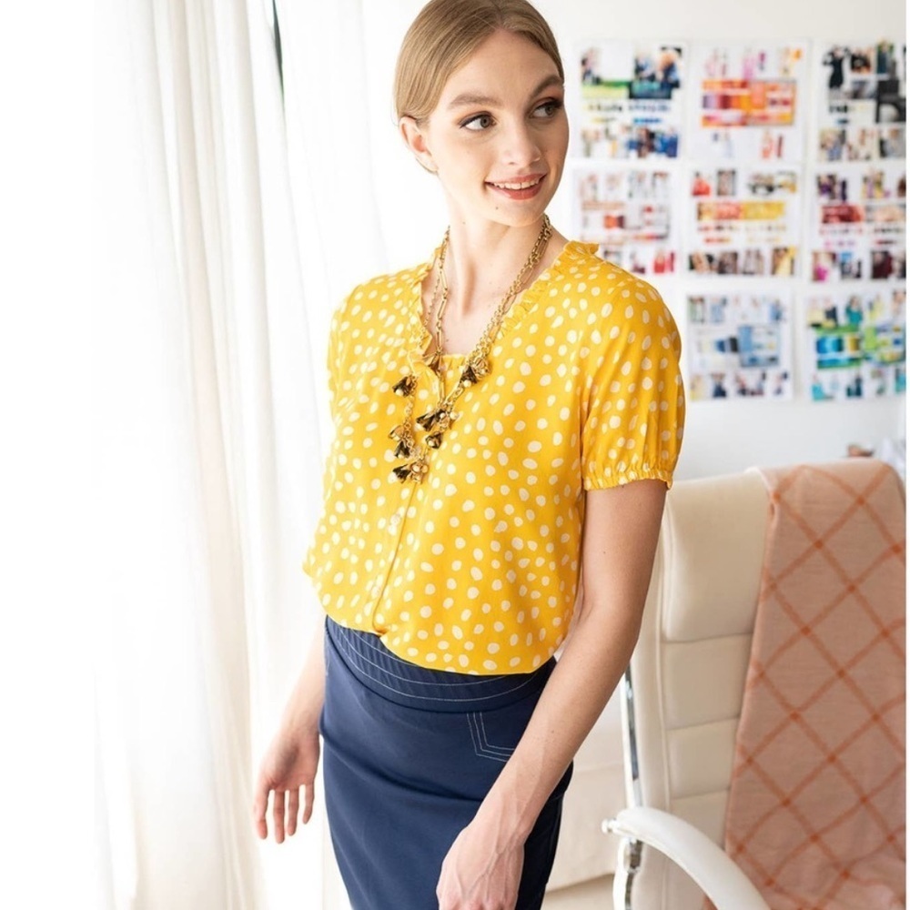 NEW WITH TAGS Evy’s Tree The Amber Blouse, Yellow White Polka Dot Blouse, 1X
